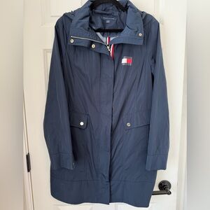 Tommy Hilfiger Womens Lightweight Windbreaker Jacket Sz M Preppy Navy Logo Hood